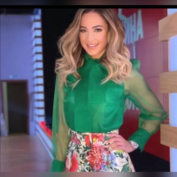 Zara Vibrant Green Sheer Bow Blouse, Size XL - Picture 2 of 11